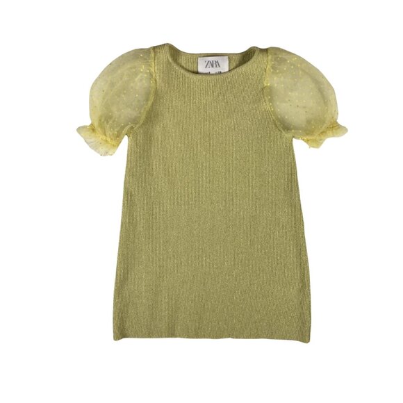 Kids Girls ZARA Golden Lime Metallic Puff Sleeve Mini Dress Size 6 - Picture 2 of 6